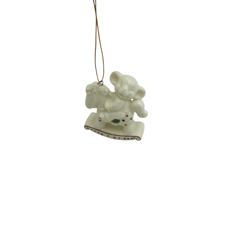 Vintage Ceramic Elephant Riding Rocking Horse Christmas Ornament White Gold